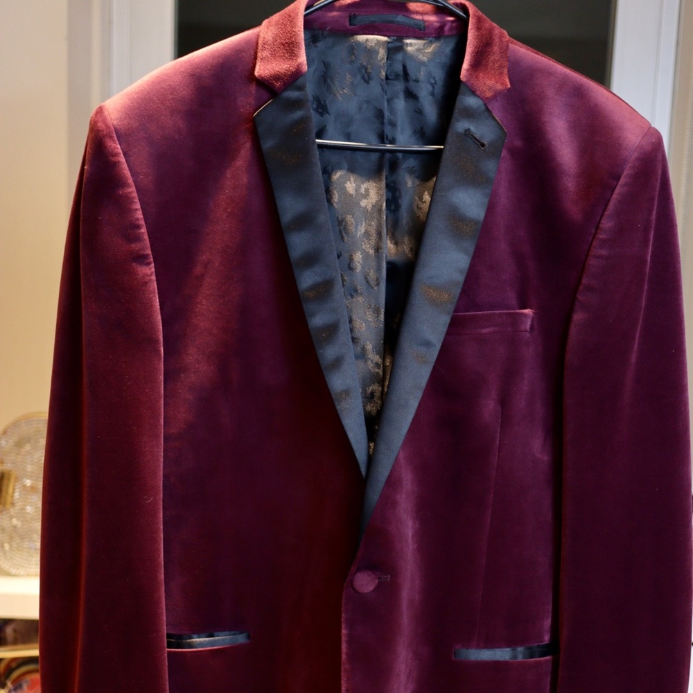 ASOS brand maroon velvet tuxedo jacket.